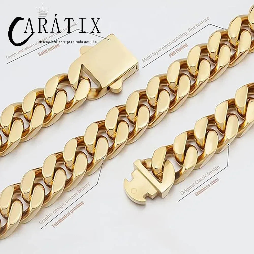CARÁTIX 8/10/12/14mm Gold Stainless Steel Cuban Chain Necklace – 4-Sided Cut Hip Hop Miami Jewelry for Men - CaratixJewelry